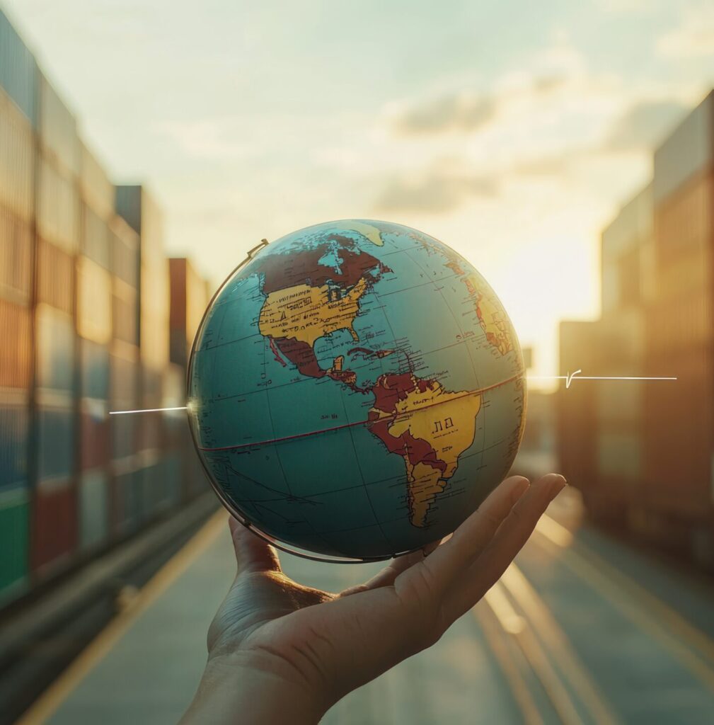 A hand holds a globe amidst shipping containers at sunset, symbolizing global trade.