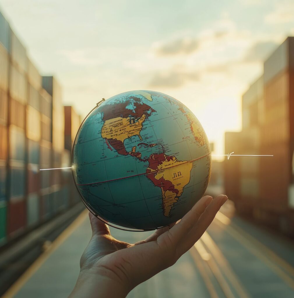 A hand holds a globe amidst shipping containers at sunset, symbolizing global trade. A hand holds a globe amidst shipping containers at sunset, symbolizing global trade.