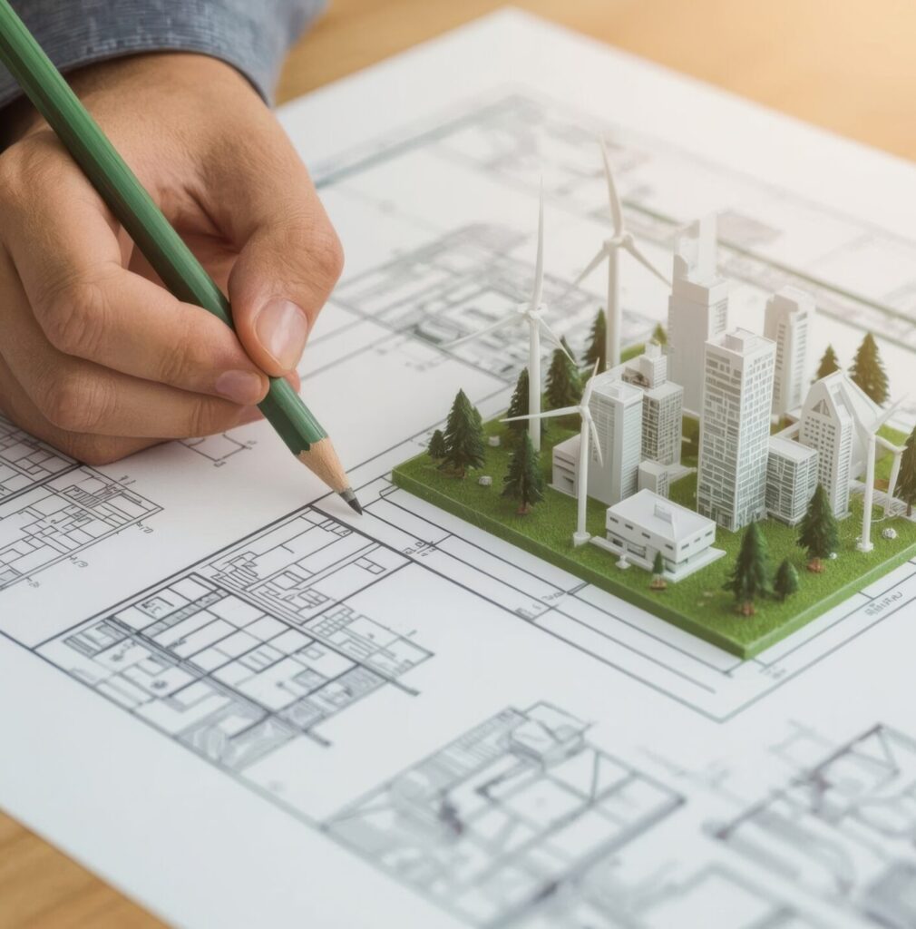 Planning a green city: hand drawing on blueprint with eco-friendly city model, architecture, design