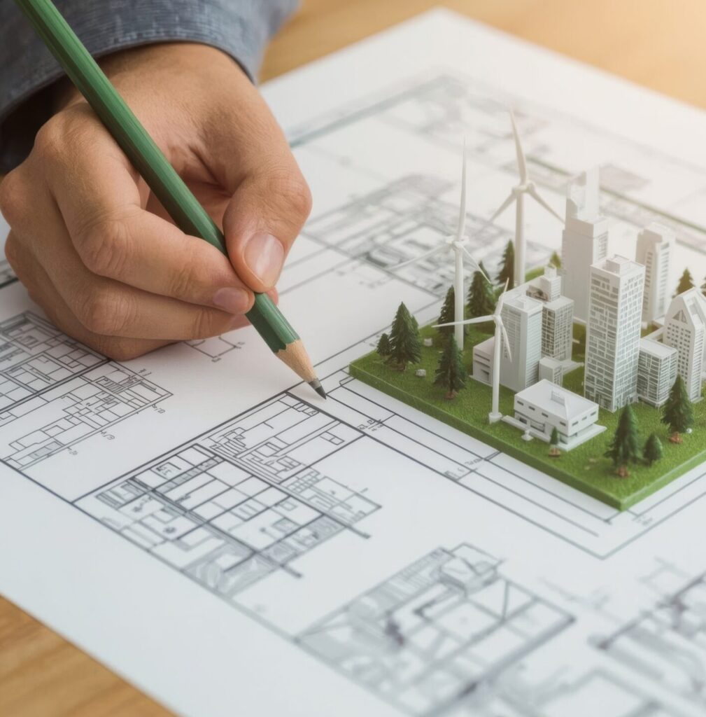 Planning a green city: hand drawing on blueprint with eco-friendly city model, architecture, design