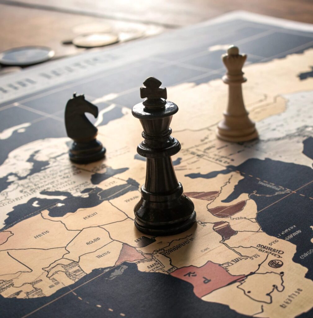 Symbolic representation of global geopolitics with chess pieces on a world map, illustrating strategy, power, and international relations.