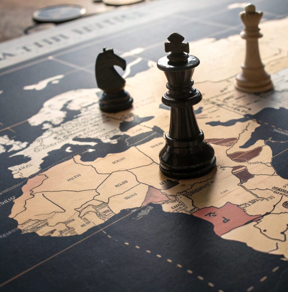 Symbolic representation of global geopolitics with chess pieces on a world map, illustrating strategy, power, and international relations.