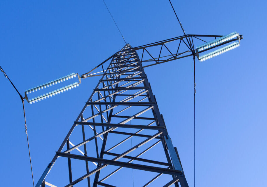 Power Lines: Special grid tower to change the direction of the overhead high-voltage direct-current transmission line across the Danish Kattegat island of Laesoe