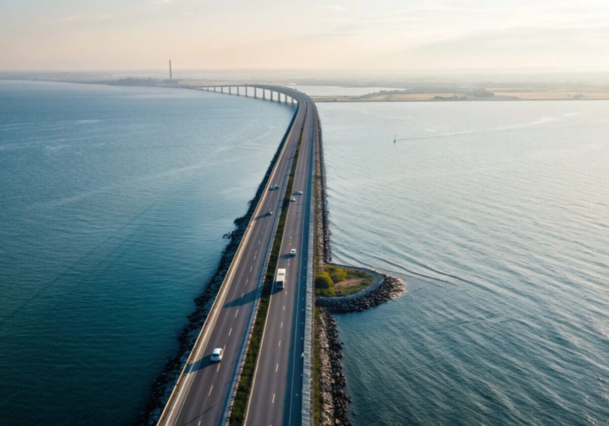 Drone Aerial View of Oresund Bridge Tunnel Connecting Denmark and Sweden Across Ocean for Transport
